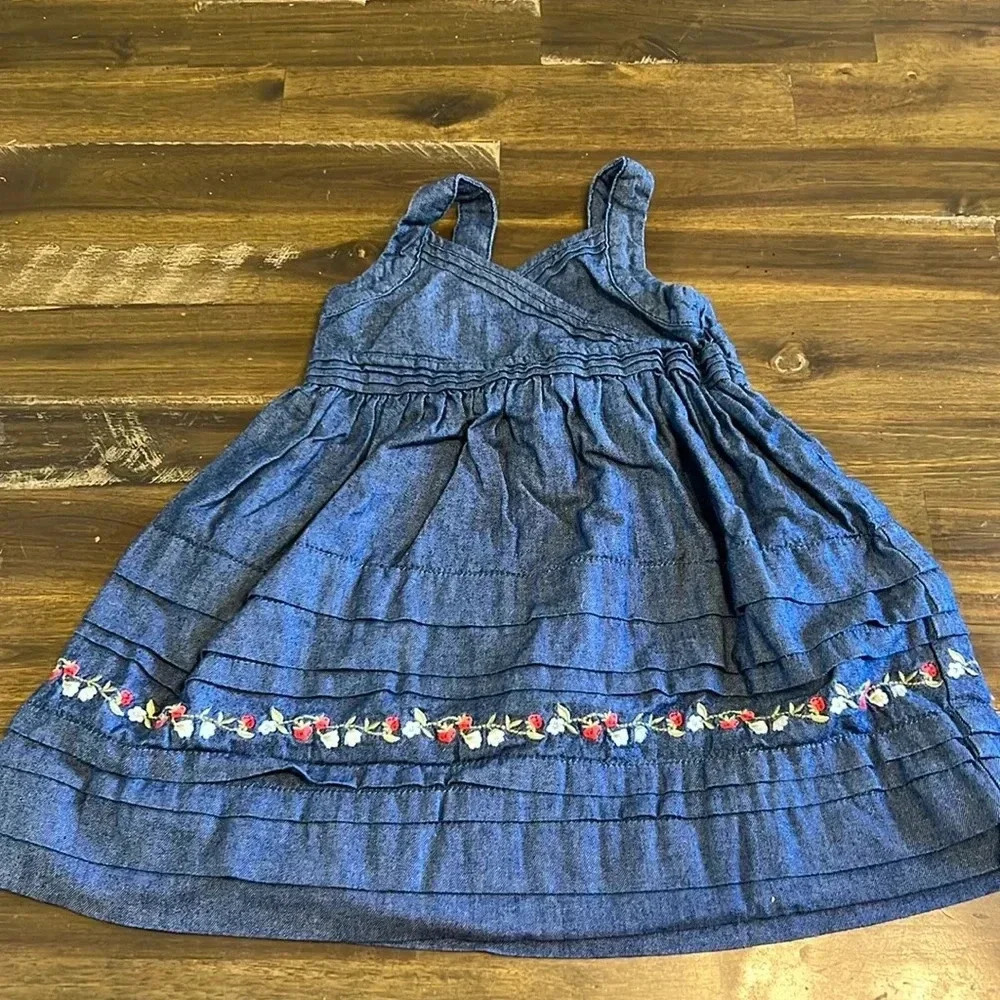 Janie and Jack Chambray Denim Dress Floral Embroidery Tiered Ruffle 12-18 months